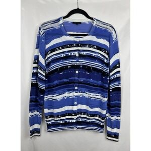Lafayette 148 Abstract Stripe Silk Panel Knit Cardigan Sweater Blue White Large